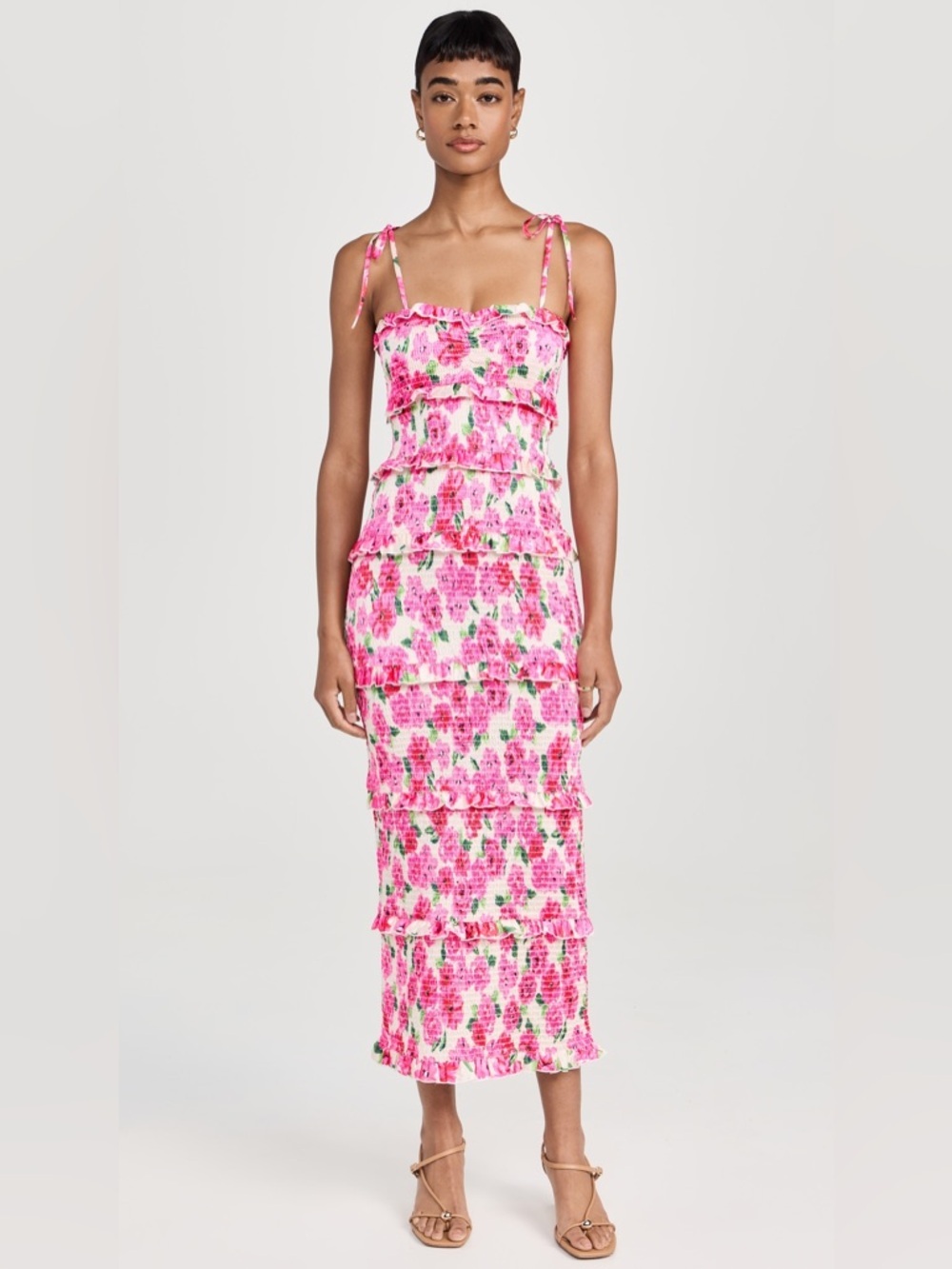 Show Me Your MUMU Stella Smocked Layered Ruffle Dress - Pink Floral Soirée - M